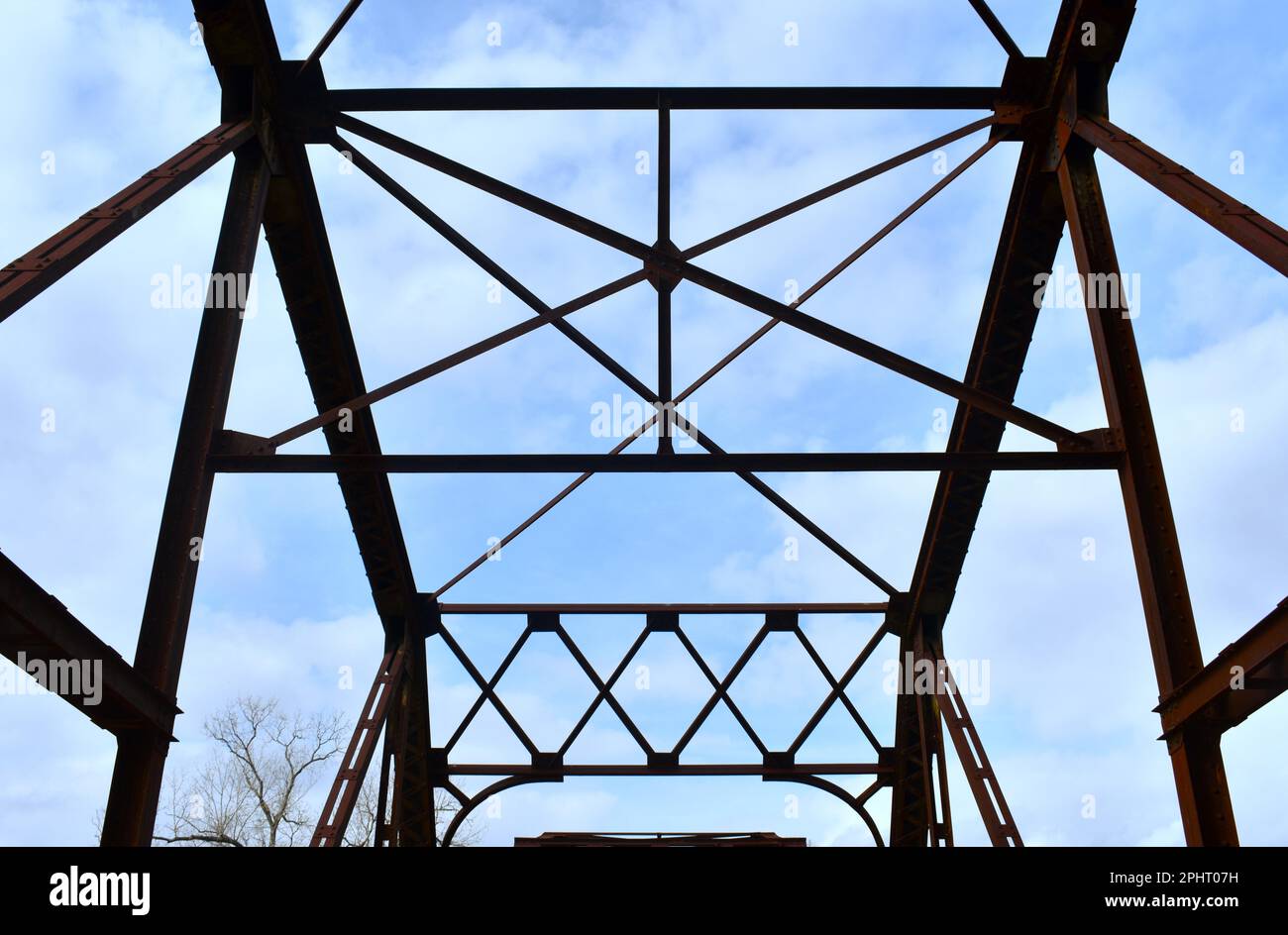 Grand Bridge over the Neosho (aka Grand) River at Fort Gibson, Oklahoma, OK, United States, US, USA.  Looking at the sky through the top of the bridge Stock Photo