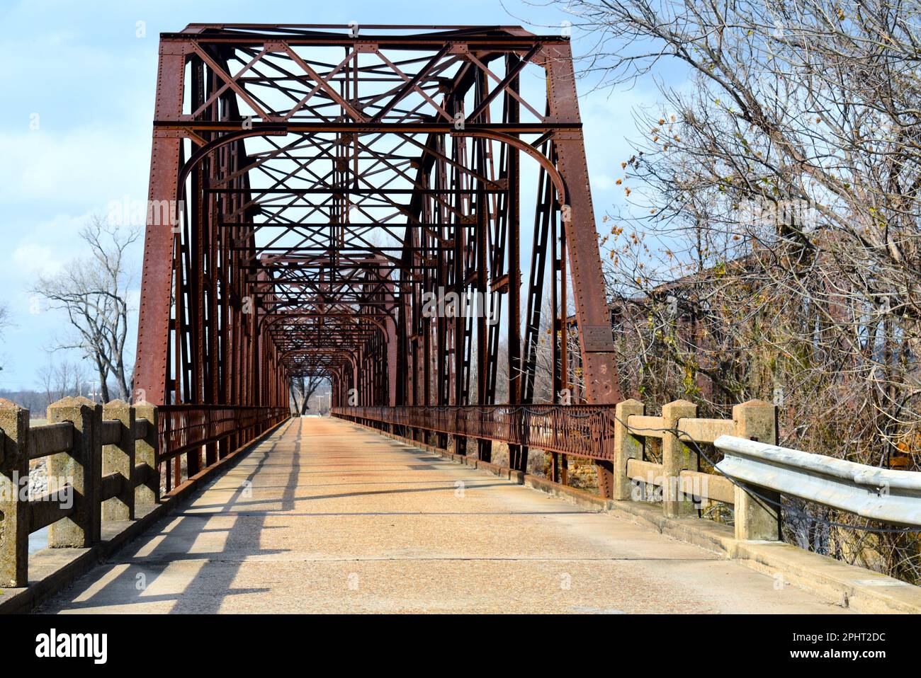 Grand Bridge over the Neosho (Grand) River at Fort Gibson, Oklahoma, OK, United States.  The Pacific Union train bridge is visible in the background. Stock Photo