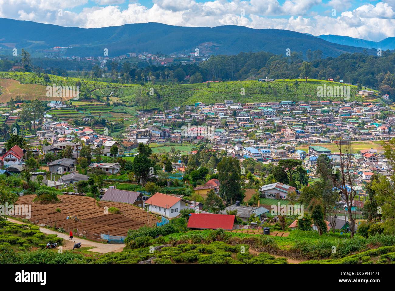 Hilly landscape of Sri Lanka dotted with villages and tea plantations ...