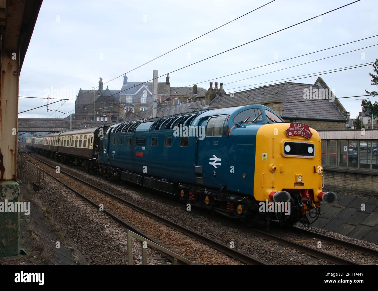 Deltic preserved diesel locomotive 55009 Alycidon arriving at Carnforth on the West Coast Main Line railway, 29th March 2023 at the end of a test run. Stock Photo