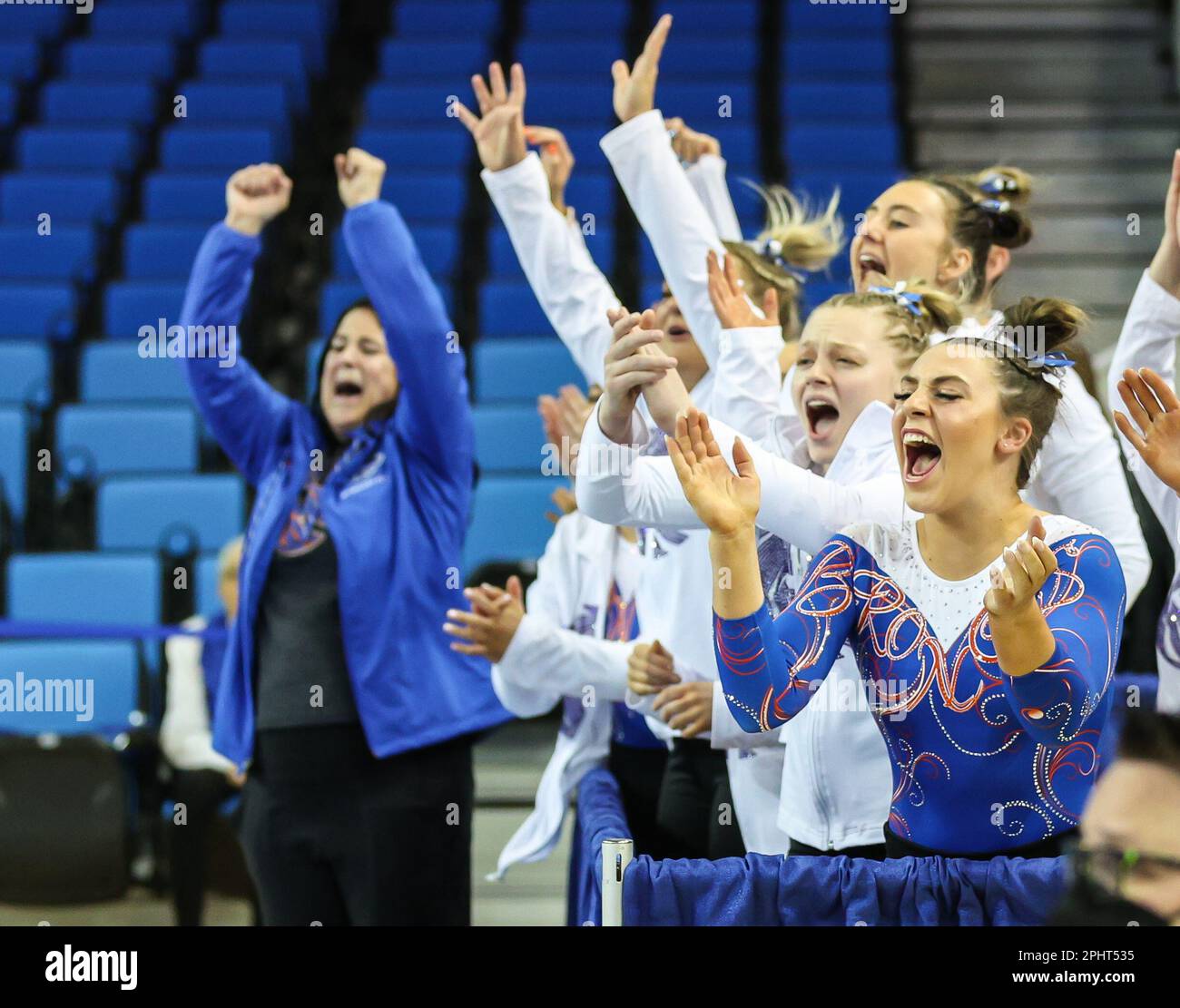 Los Angeles, OK, USA. 29th Mar, 2023. The Boise State gymnastics team