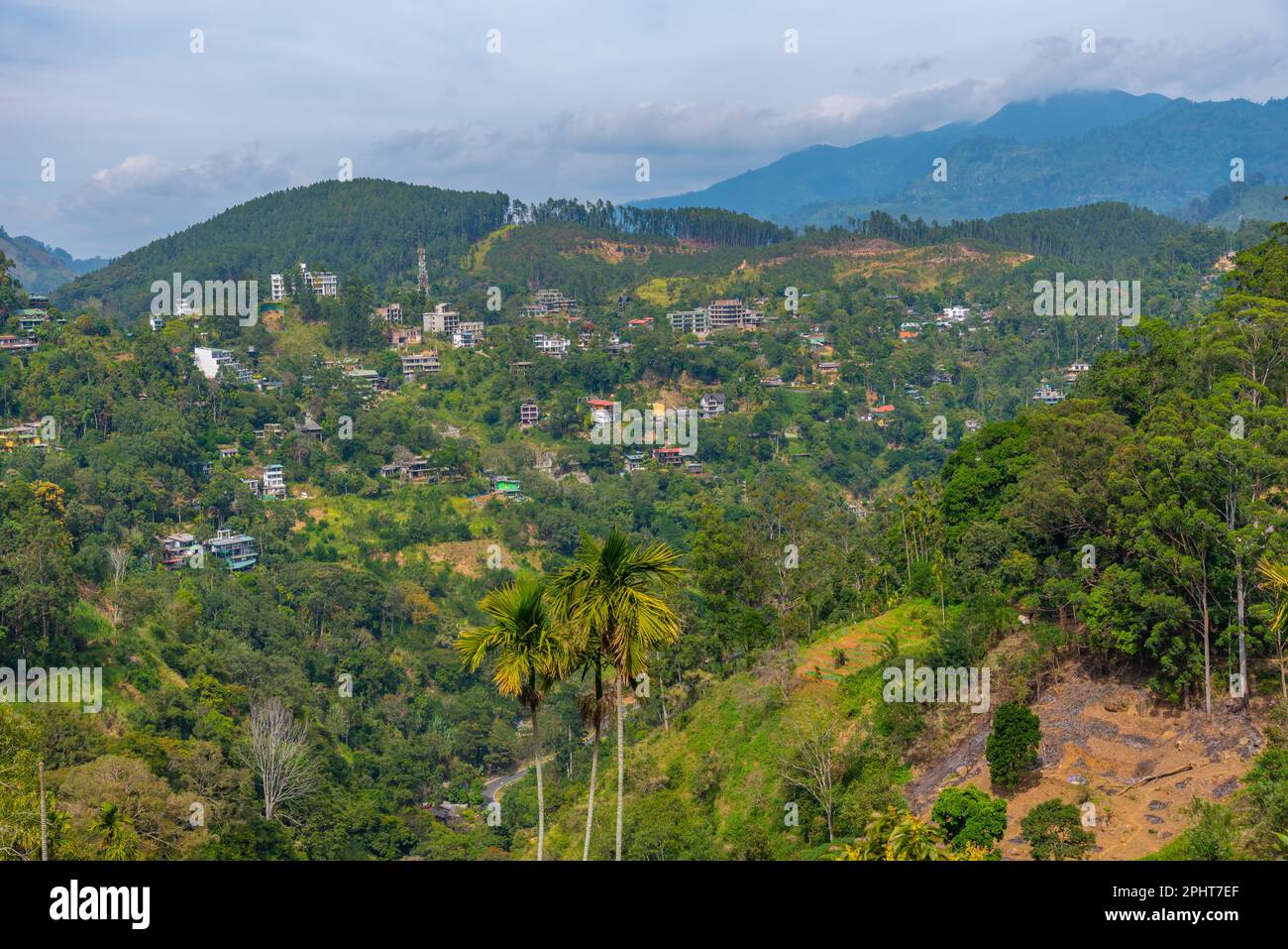 Hilly landscape of Sri Lanka dotted with villages and tea plantations ...