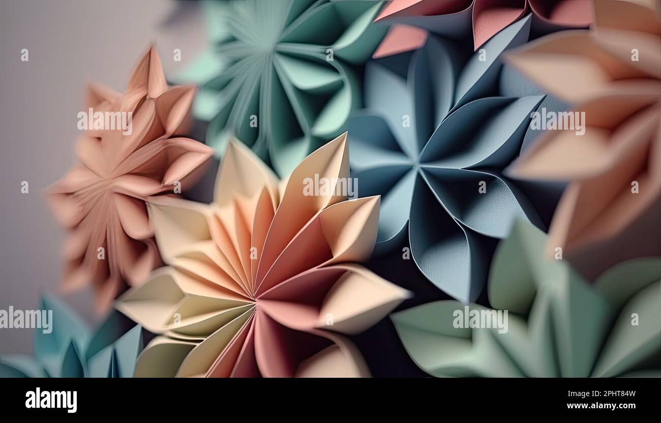 Colorful origami pastel color flowers. Spring paper petals. Folded arts
