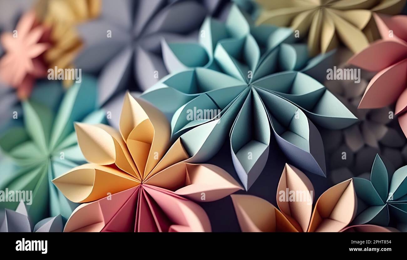 Colorful origami pastel color flowers. Spring paper petals. Folded arts