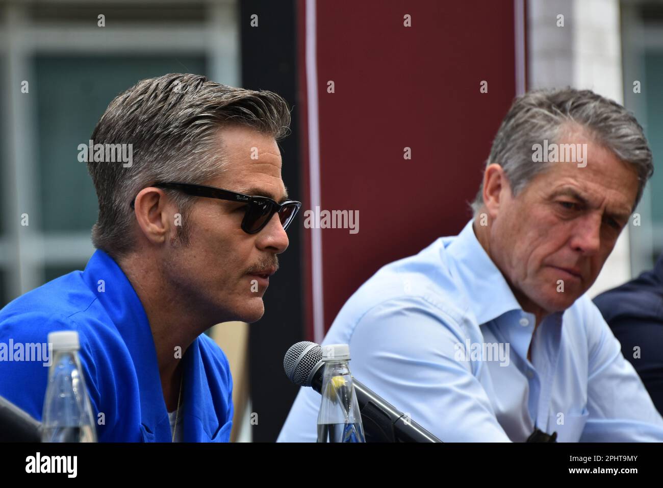 Mexico City, Mexico. 29th Mar, 2023. British actor Hugh Grant and American Actor Chris Pine speak during the film press conference for the Dungeons and Dragons: Honor Among Thieves at Four Season Mexico. on March 29, 2023 in Mexico City, Mexico. (Credit Image: © Carlos Tischler/eyepix via ZUMA Press Wire) EDITORIAL USAGE ONLY! Not for Commercial USAGE! Stock Photo
