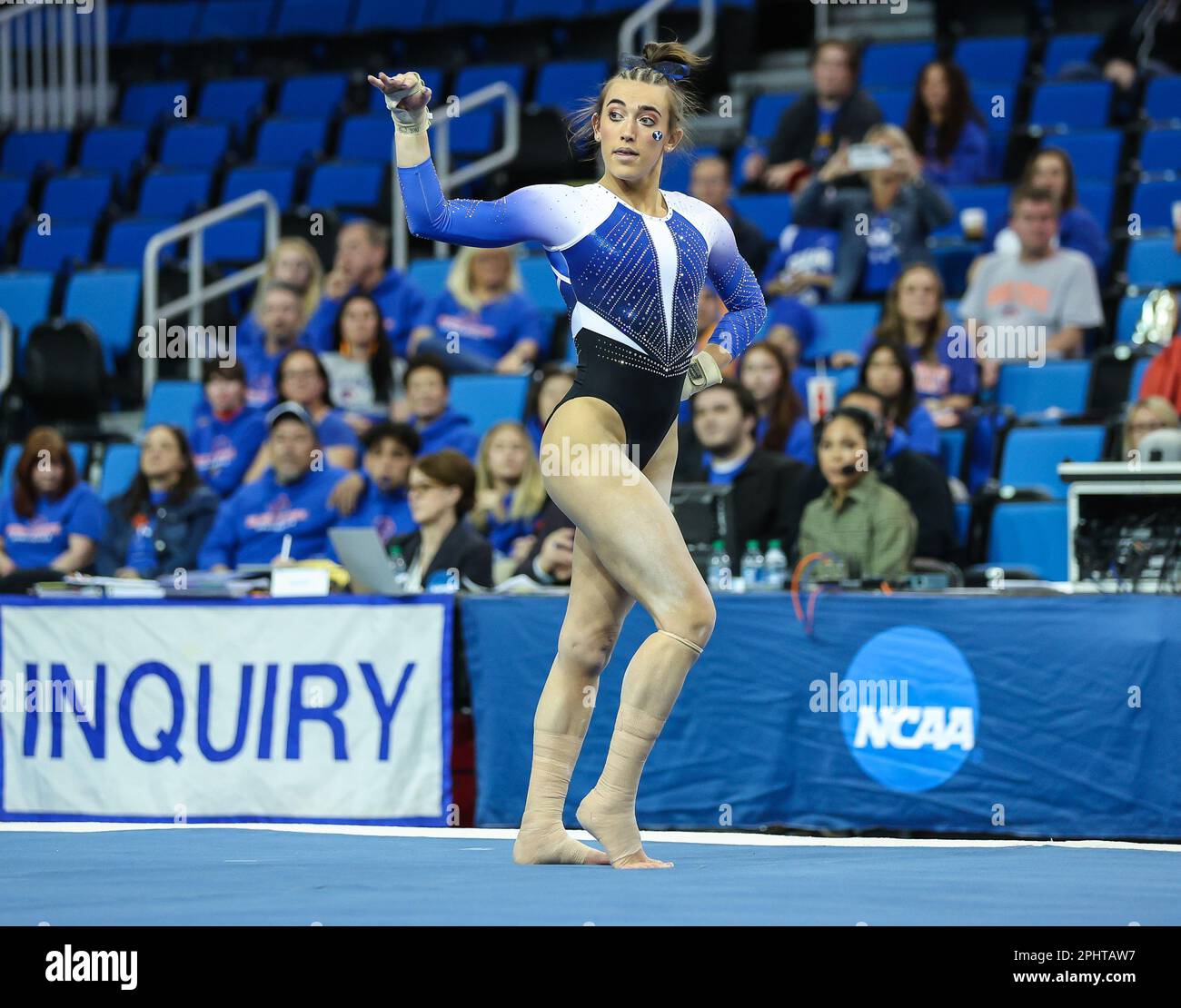 Los Angeles, OK, USA. 29th Mar, 2023. BYU's Sydney Benson performs her floor routine during Session 1 of the NCAA Women's Gymnastics Los Angeles Regional at Pauley Pavilion in Los Angeles, OK. Kyle Okita/CSM/Alamy Live News Stock Photo