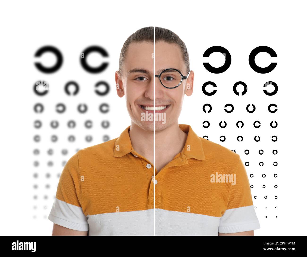 Collage with photos of man with and without glasses and eye charts on