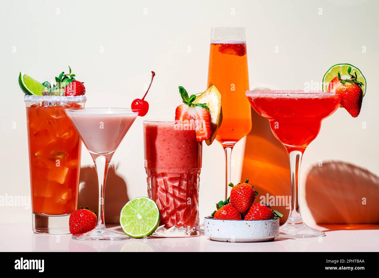 Summer strawberry alcoholic cocktails, mocktails, smoothies and shakes
