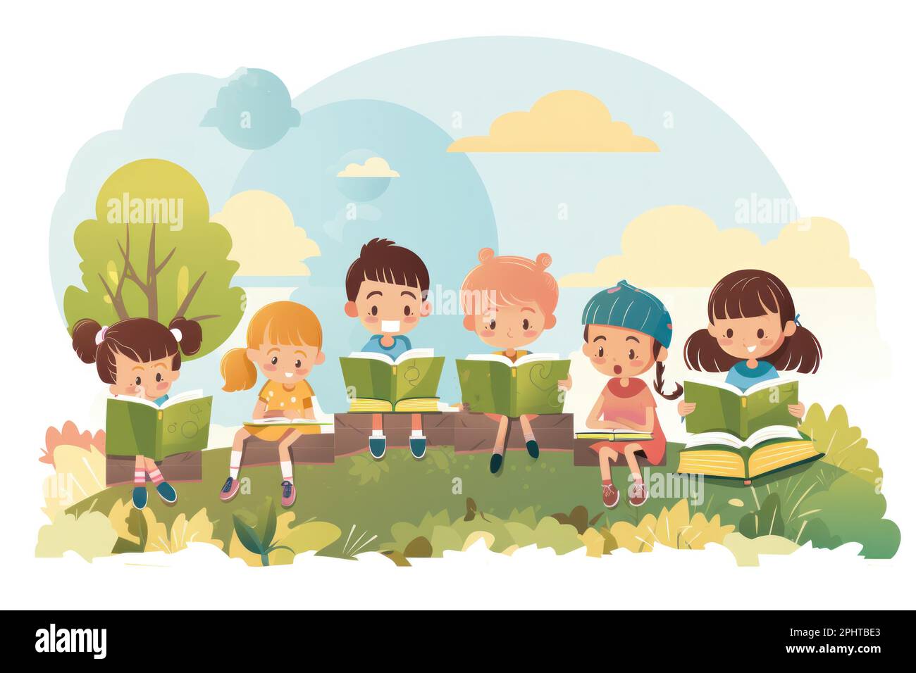 Group of children read books outdoors and smile Stock Photo Alamy