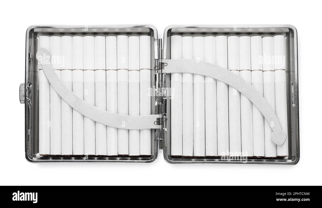 Stylish case with cigarettes isolated on white Stock Photo