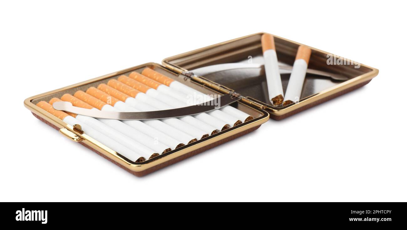 Stylish case with cigarettes isolated on white Stock Photo