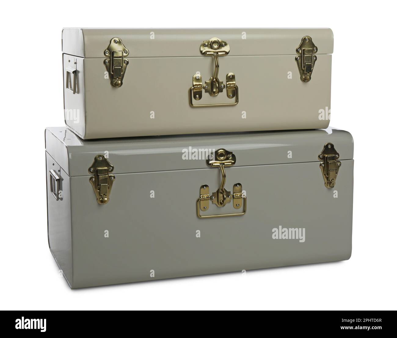 Stylish storage trunks on white background. Interior elements Stock