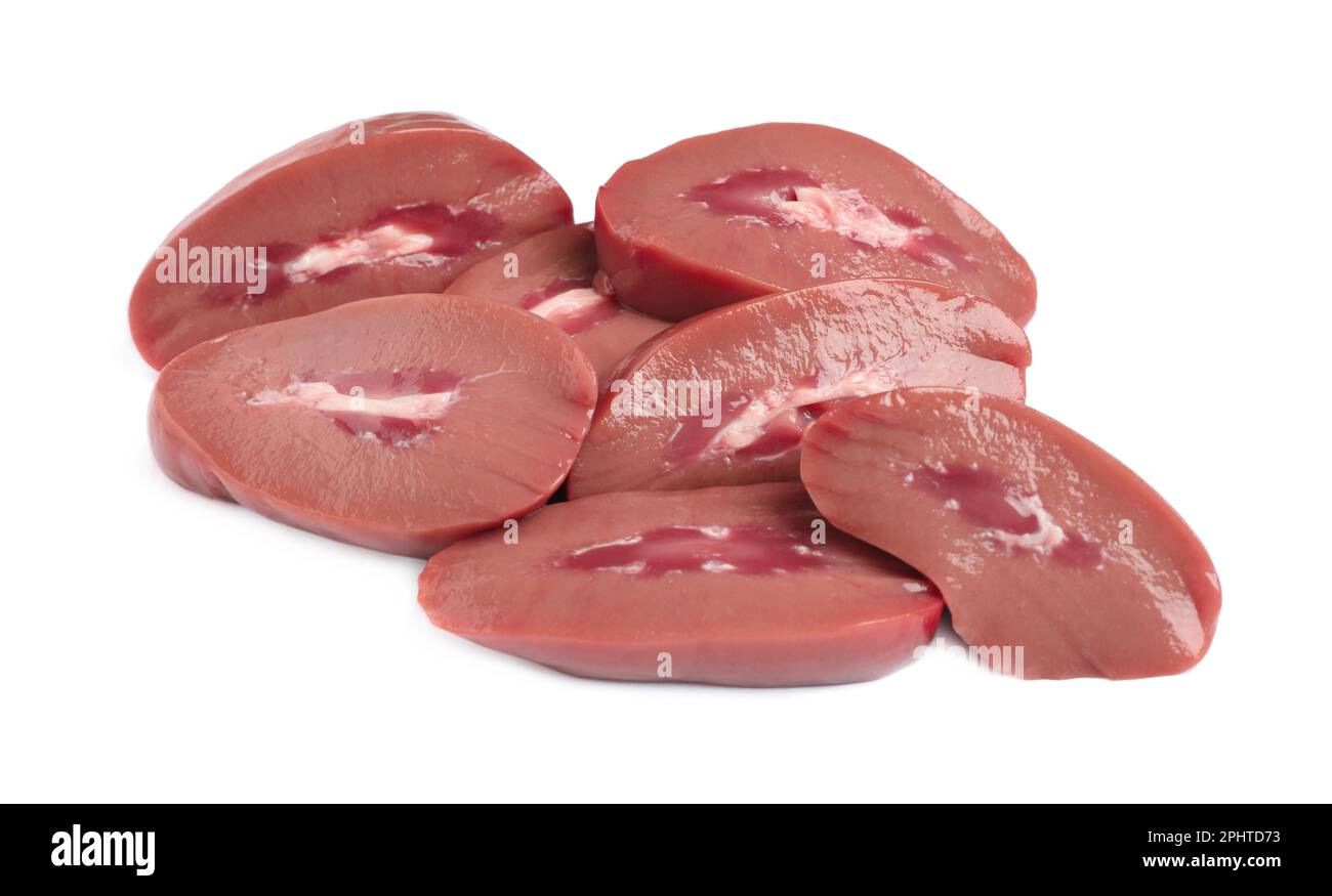 Cut fresh raw pork kidney on white background Stock Photo Alamy
