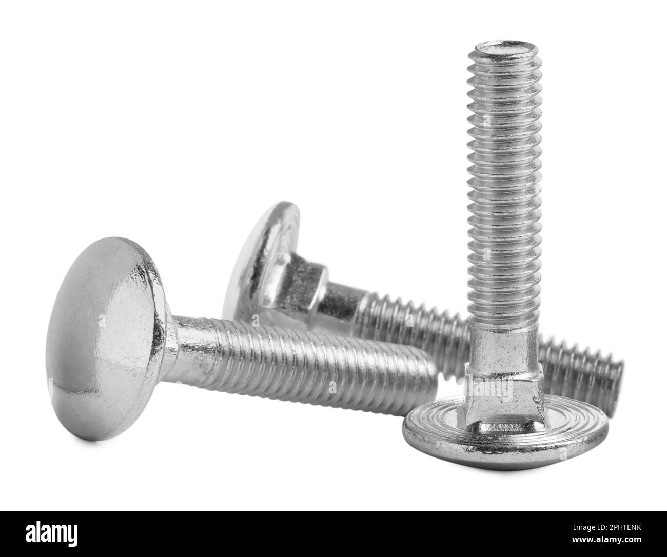 Many metal carriage bolts on white background Stock Photo Alamy