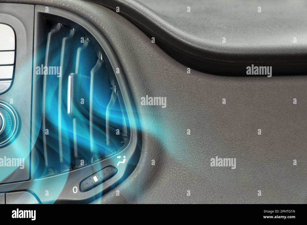 Closeup view of conditioning system in car and illustration of cool air ...