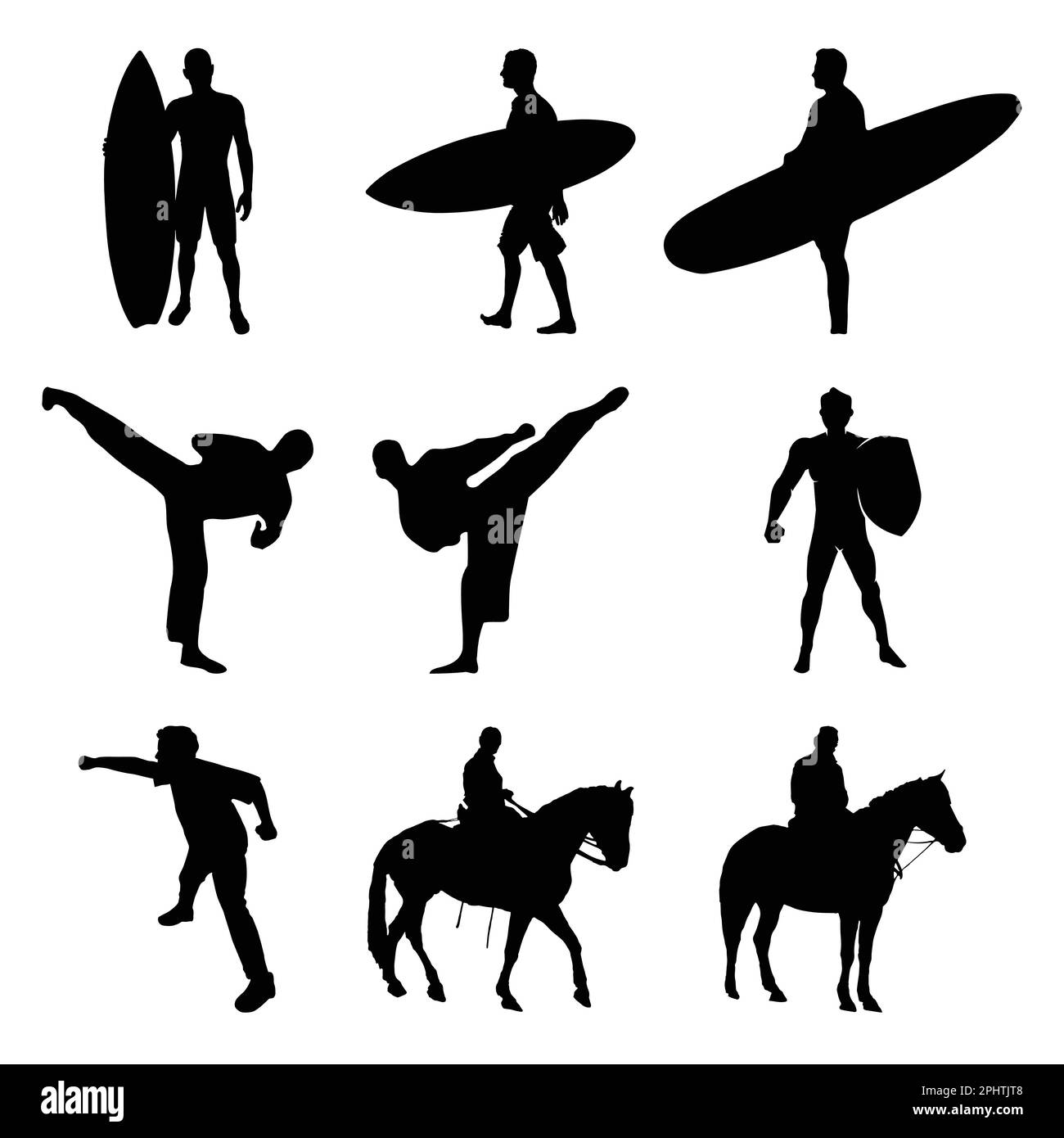 Set of silhouettes of surfers on white background. Vector illustration. Stock Vector