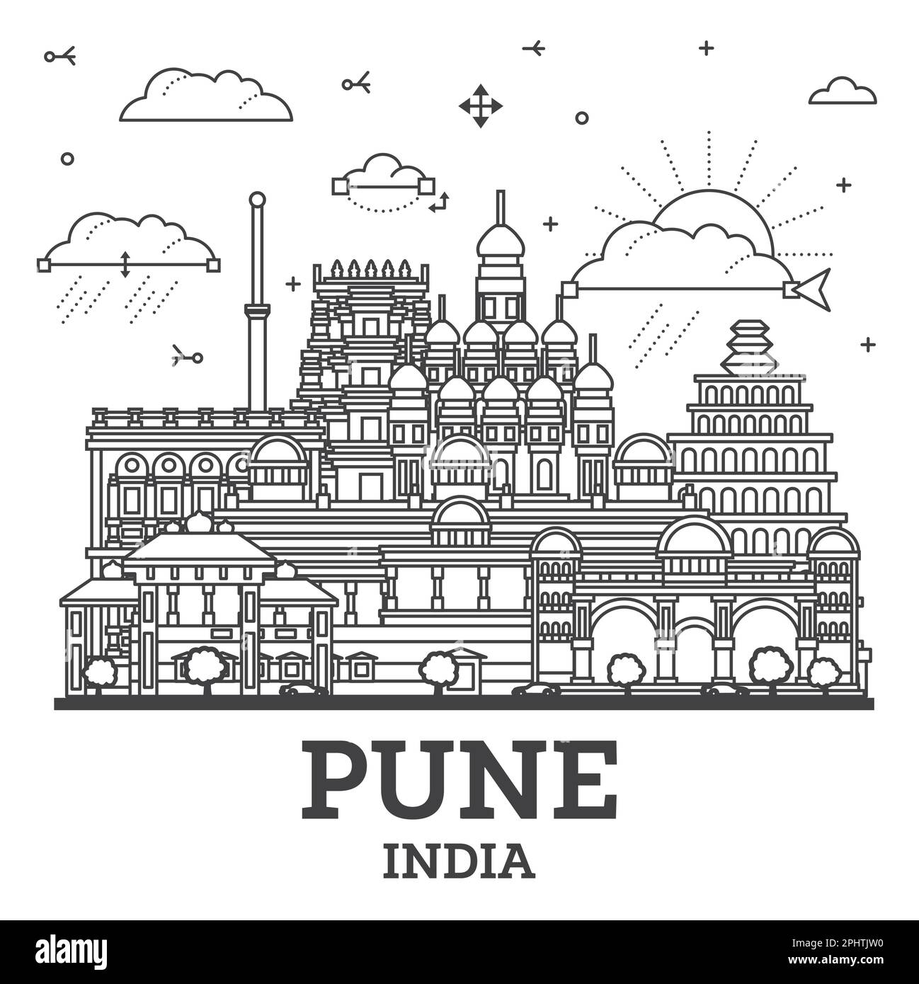 Outline Pune India City Skyline with Historic Buildings Isolated on White. Vector Illustration. Pune Maharashtra Cityscape with Landmarks. Stock Vector