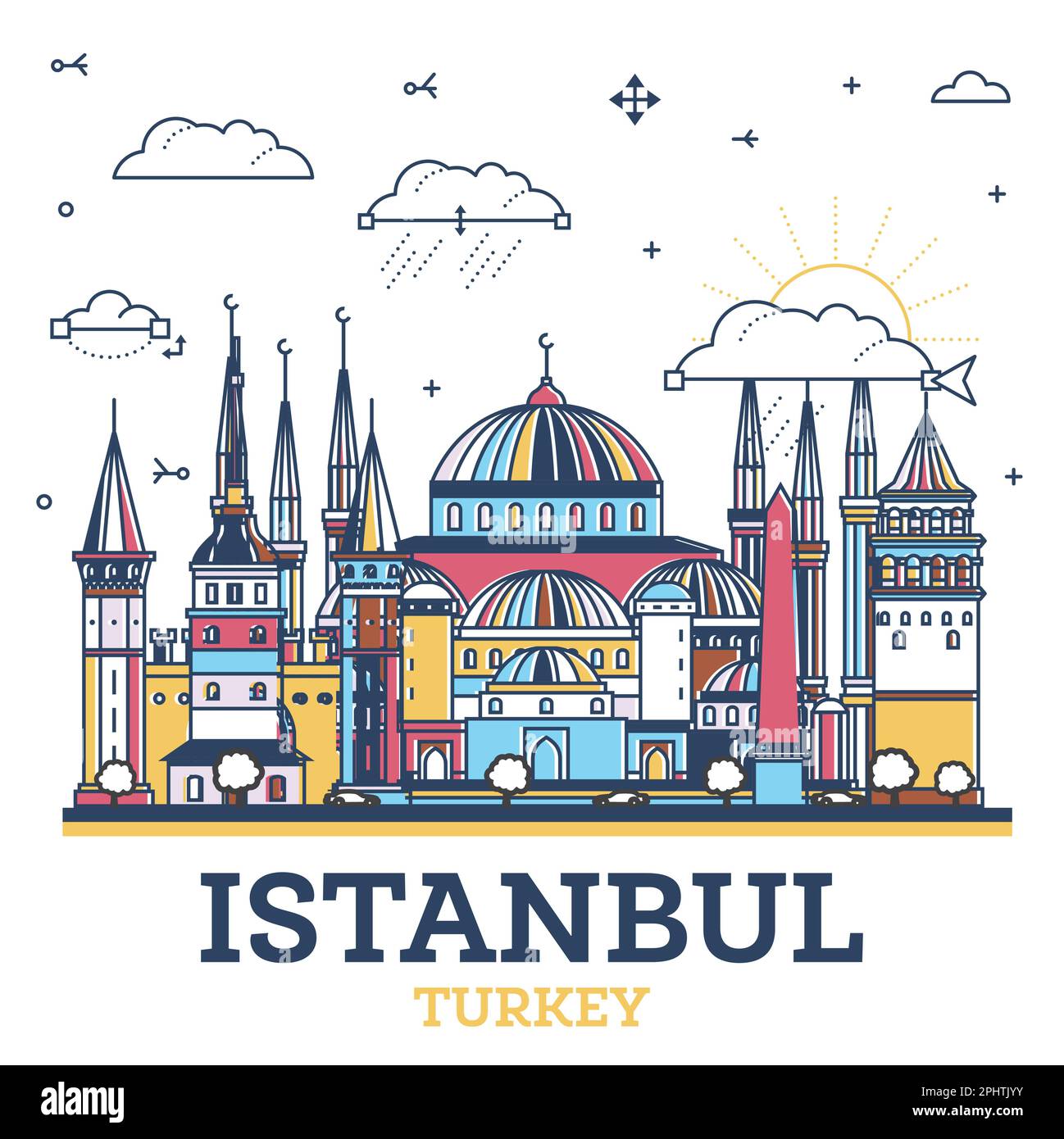 Outline Istanbul Turkey City Skyline with Colored Historic Buildings Isolated on White. Vector Illustration. Istanbul Cityscape with Landmarks. Stock Vector