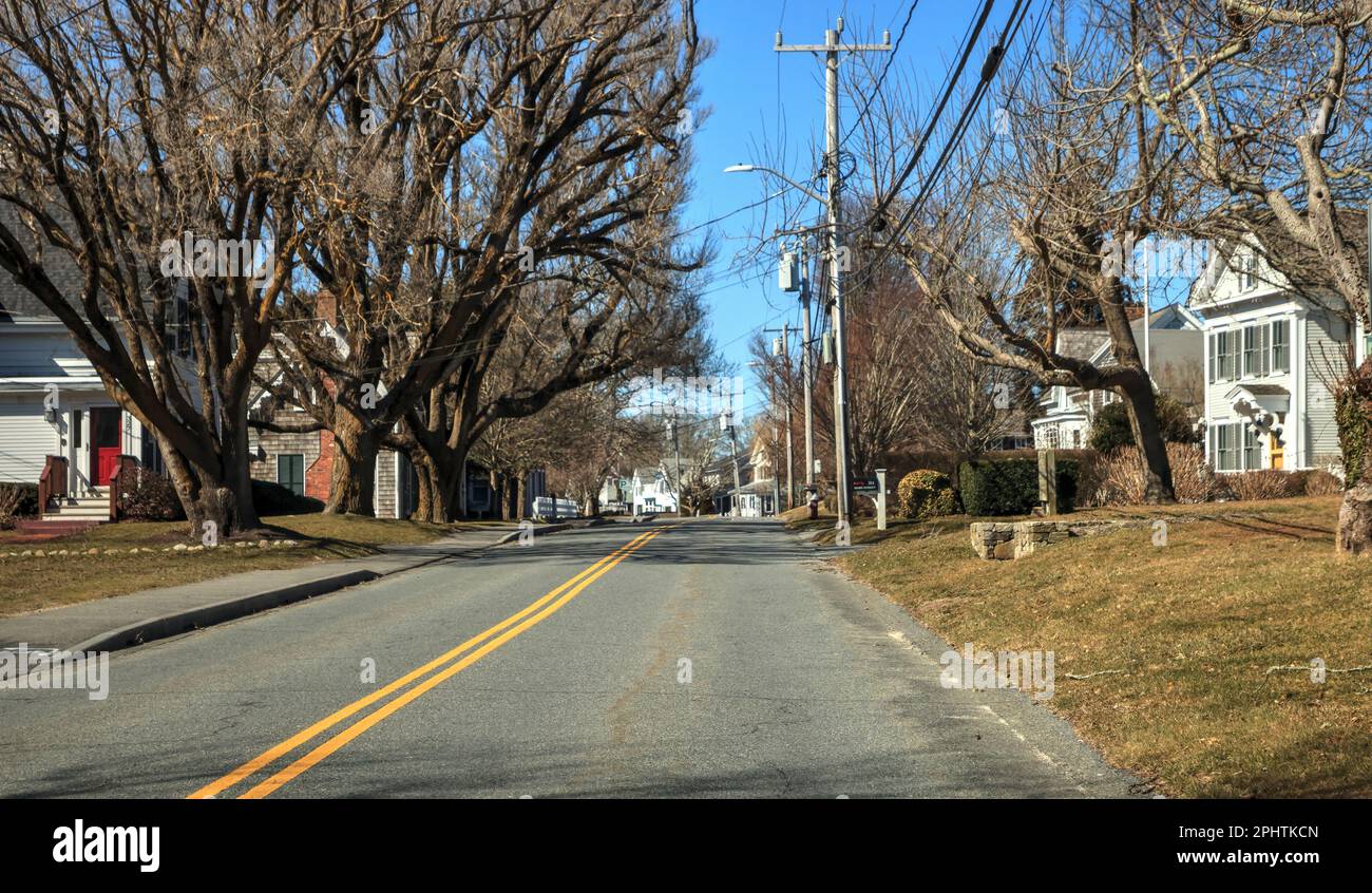 Chatham, Cape Cod, Massachusetts – March 5, 2023: Town center of Chatham on Main Street on a sunny day in winter Stock Photo