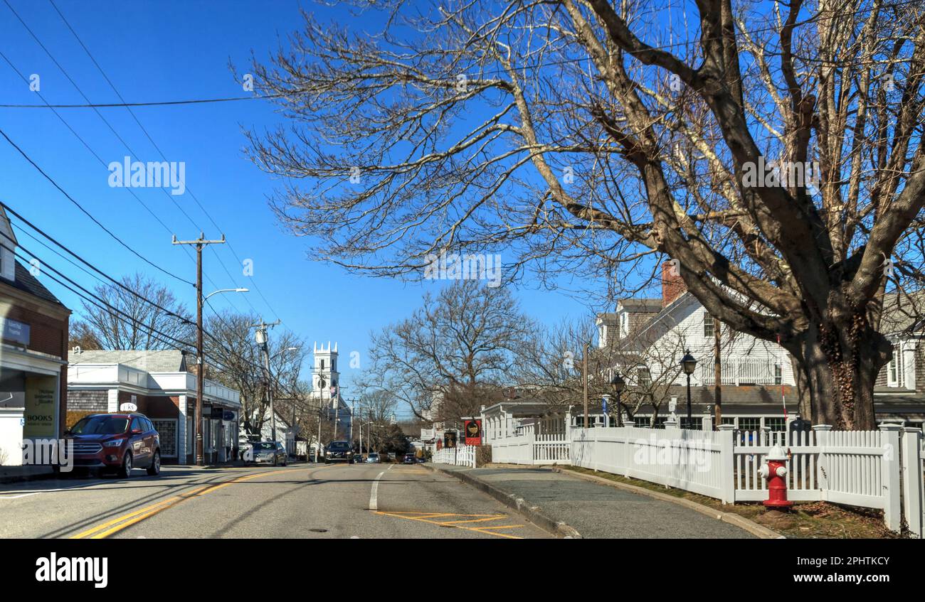 Chatham, Cape Cod, Massachusetts – March 5, 2023: Town center of Chatham on Main Street on a sunny day in winter Stock Photo