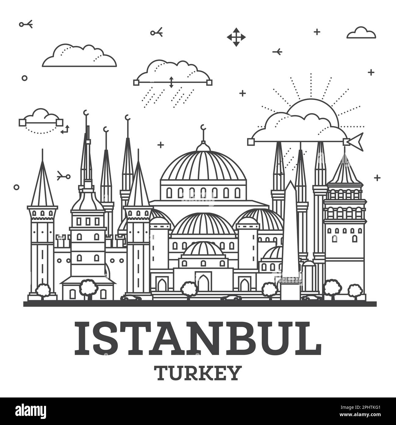 Outline Istanbul Turkey City Skyline with Historic Buildings Isolated on White. Vector Illustration. Istanbul Cityscape with Landmarks. Stock Vector