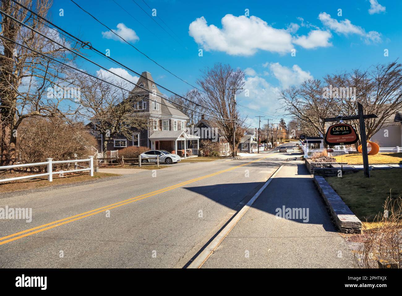 Chatham, Cape Cod, Massachusetts – March 5, 2023: Town center of Chatham on Main Street on a sunny day in winter Stock Photo