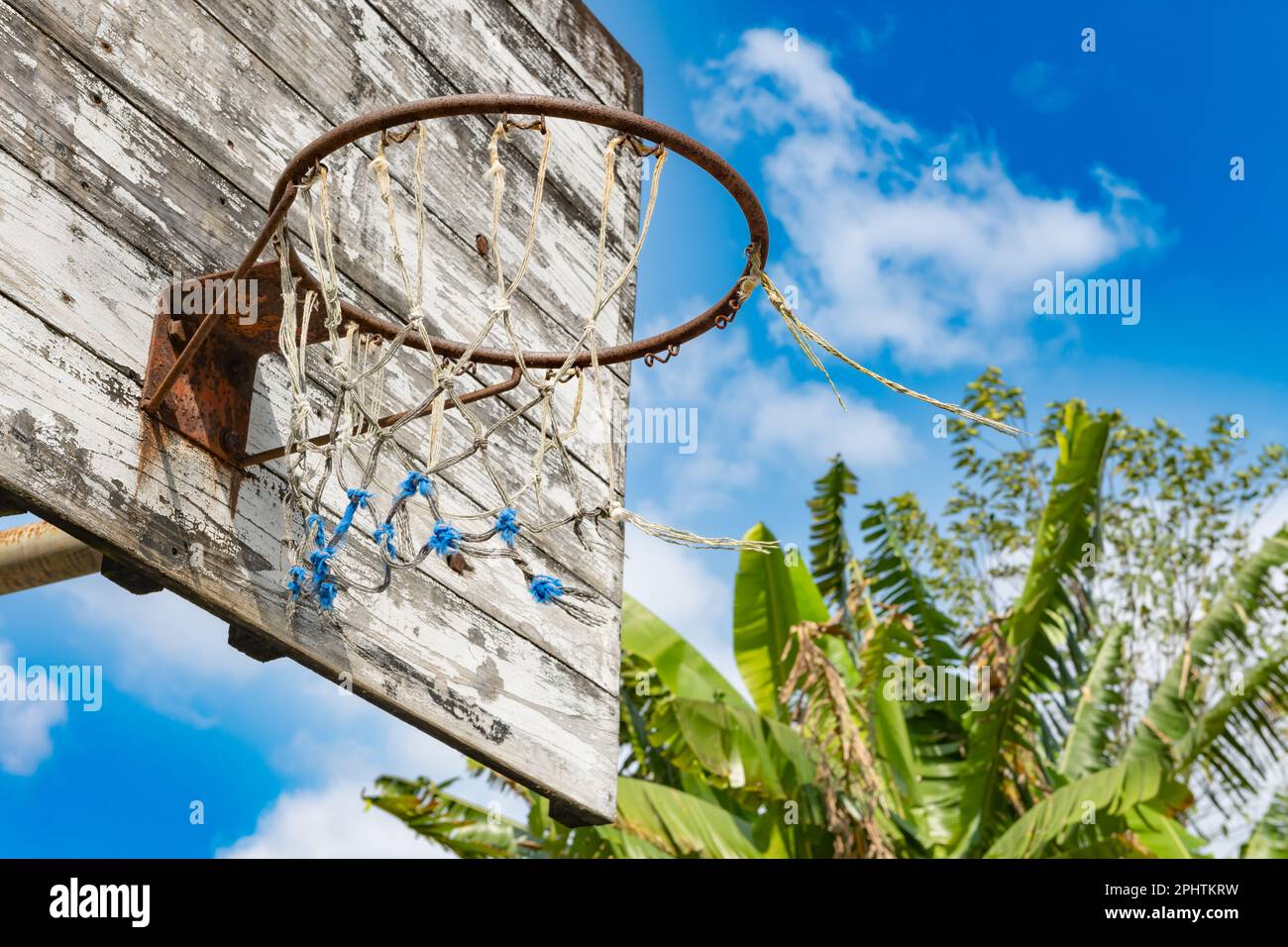 angle view basketball hoop and board under the blue sky horizontal composition Stock Photo