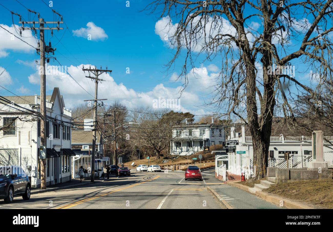 Chatham, Cape Cod, Massachusetts – March 5, 2023: Town center of Chatham on Main Street on a sunny day in winter Stock Photo