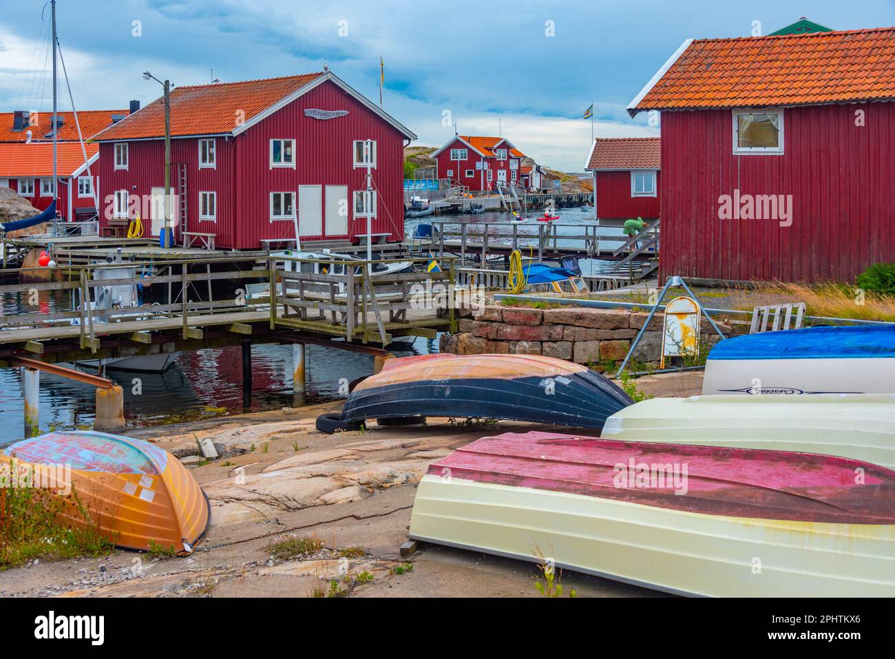 Colorful wooden sheds at Swedish village Smögen. Stock Photo