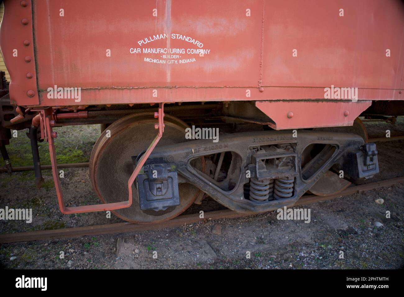 Haddam, Connecticut, USA - red railroad car with wheel. Words on the side: PULLMAN STANDARD CAR MANUFACTURING COMPANY -BUILDER- MICHIGAN Stock Photo