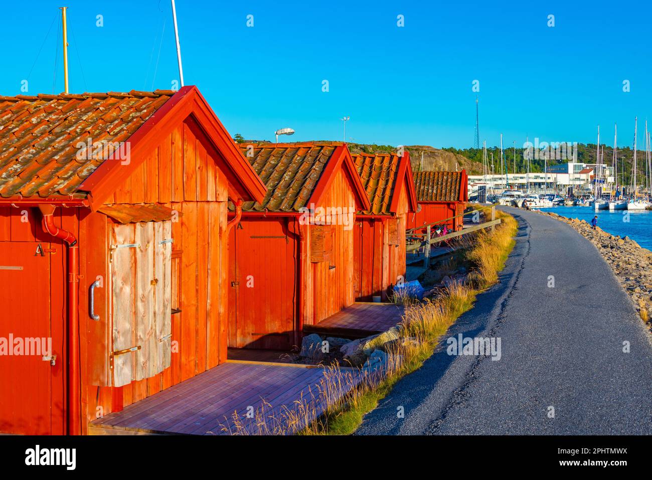 Colorful wooden sheds at Swedish village Strömstad. Stock Photo