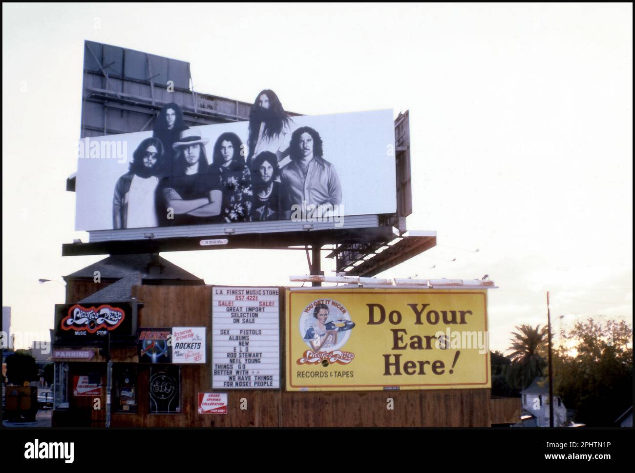 Tribute billboard over Licorice Pizza record store on Sunset Blvd. for