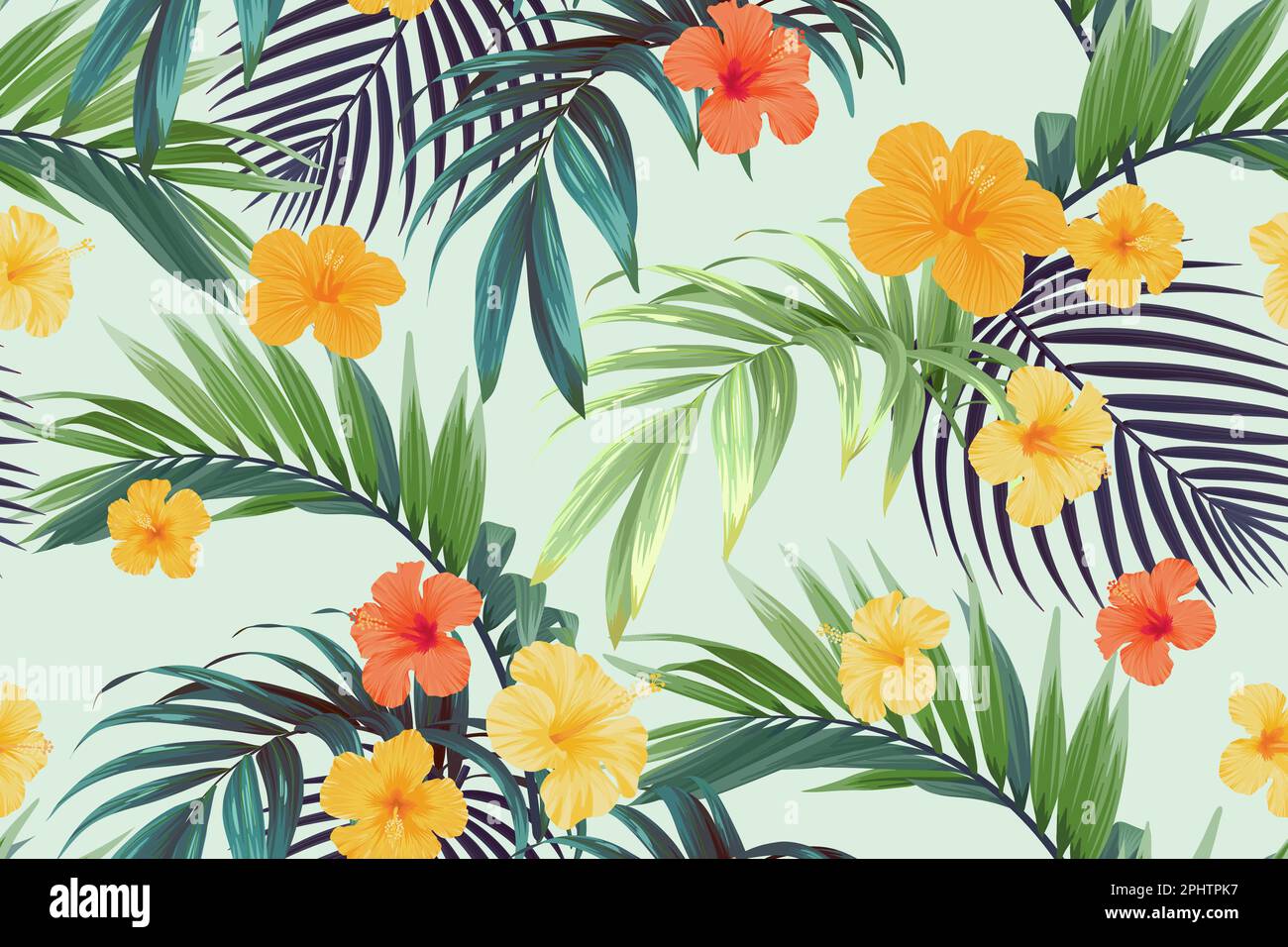 Tropical pattern with green palm leaves and hibiscus flowers. Summer ...
