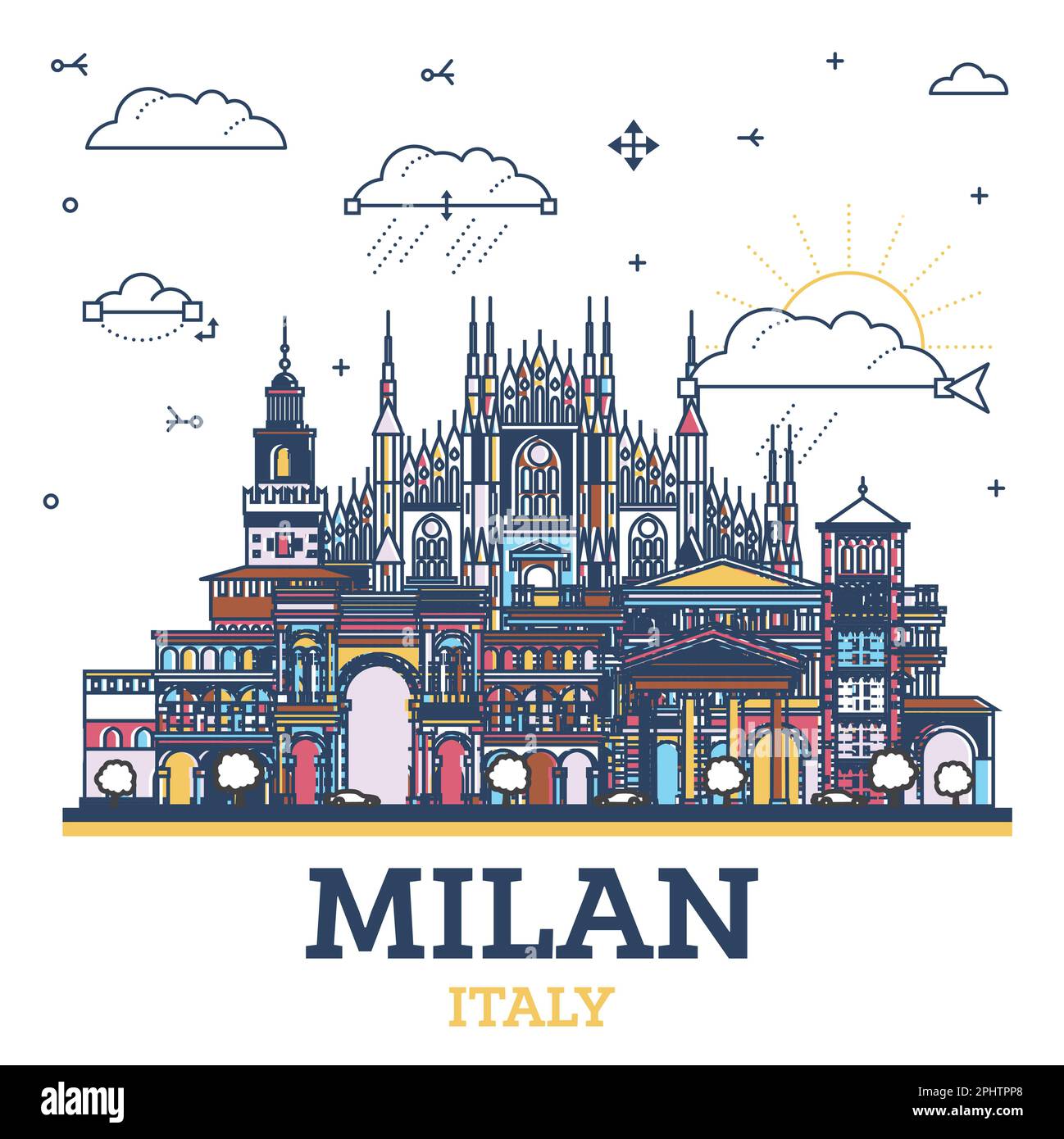 Outline Milan Italy City Skyline with Colored Historic Buildings Isolated on White. Vector Illustration. Milan Cityscape with Landmarks. Stock Vector