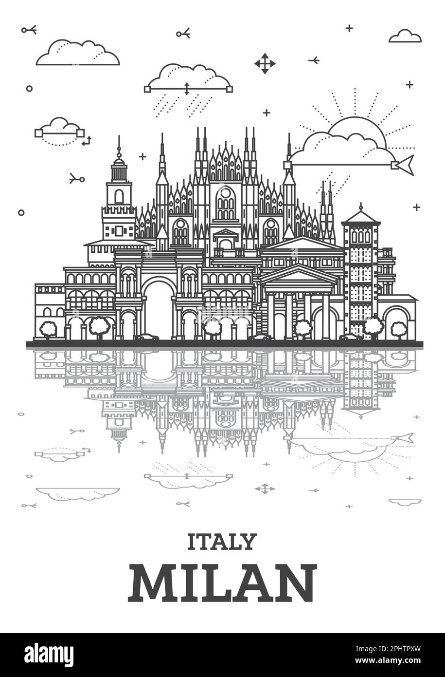 Outline Milan Italy City Skyline with Historic Buildings and Reflections Isolated on White. Vector Illustration. Milan Cityscape with Landmarks. Stock Vector