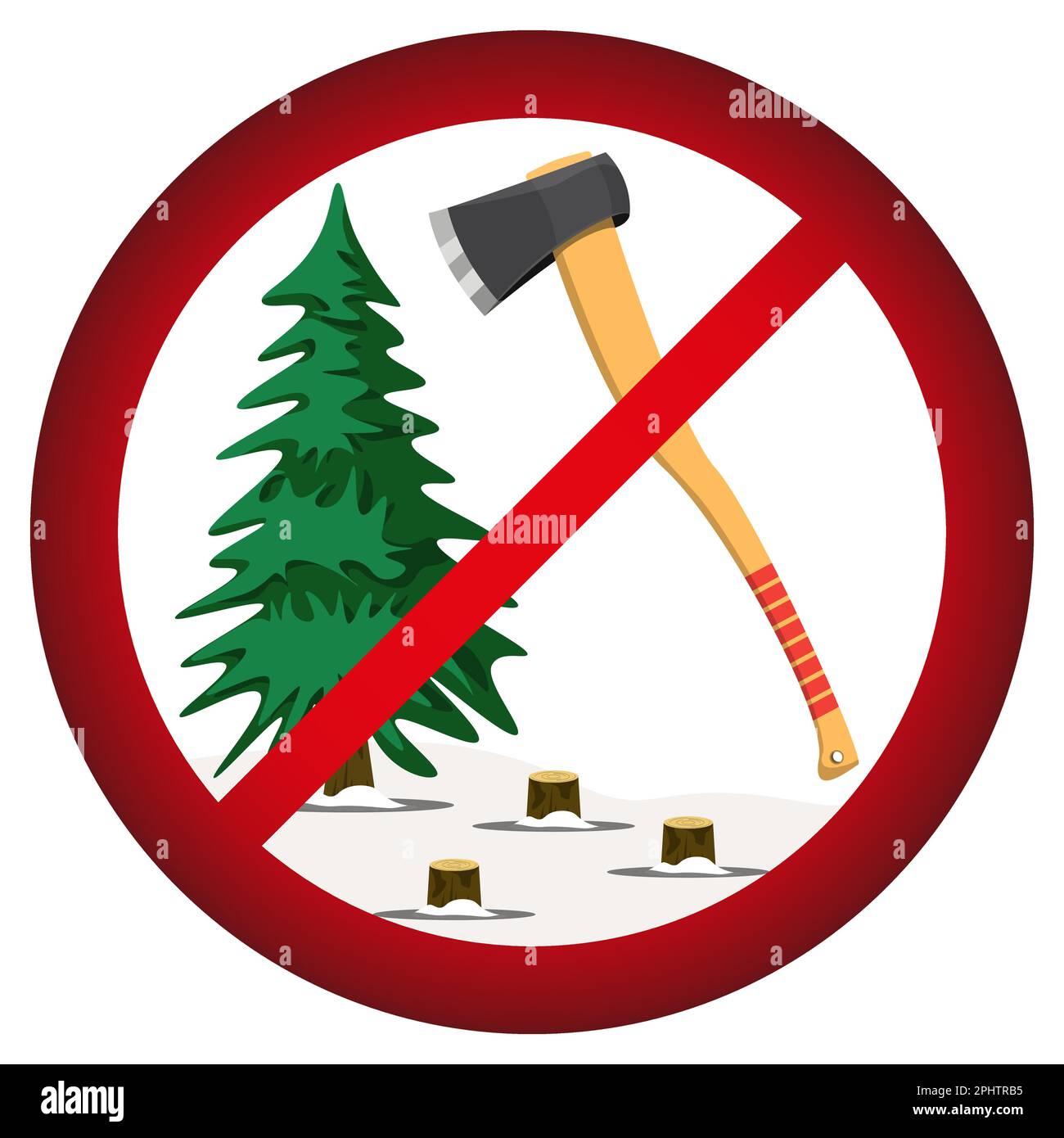 Sign in realistic style. Stop cutting down live trees for Christmas. Christmas tree and Axe. Colorful vector illustration on a white background. Stock Vector