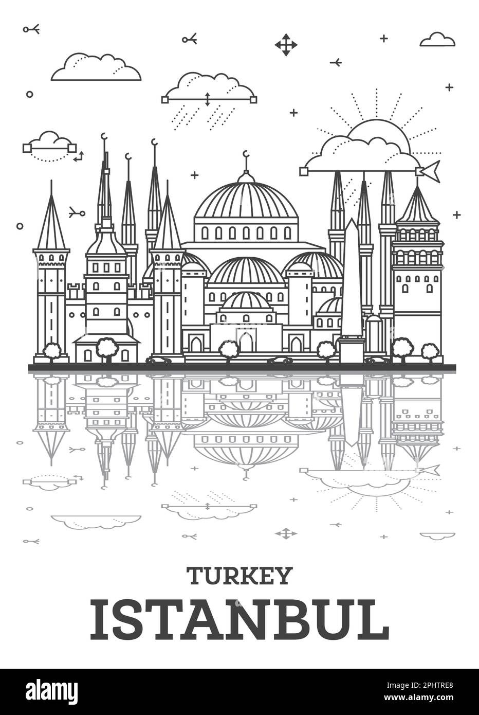 Outline Istanbul Turkey City Skyline with Historic Buildings and Reflections Isolated on White. Vector Illustration. Istanbul Cityscape with Landmarks Stock Vector