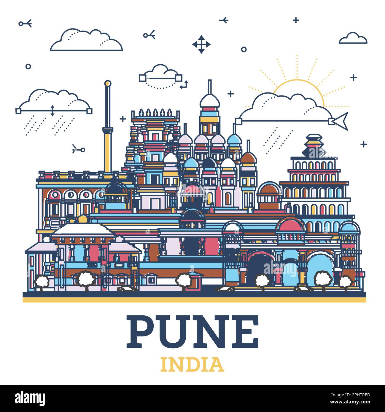Outline Pune India City Skyline with Colored Historic Buildings Isolated on White. Vector Illustration. Pune Maharashtra Cityscape with Landmarks. Stock Vector