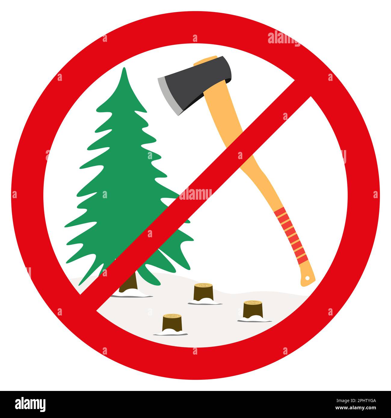 Sign in cartoon style. Stop cutting down live trees for Christmas. Christmas tree and Axe. Colorful vector illustration on a white background. Stock Vector