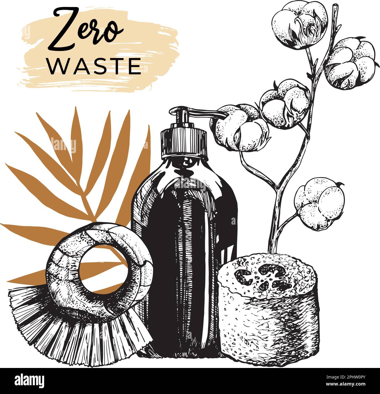 Zero waste bathroom accessories set: recycle soap dispenser, organic soap, wooden brush, loofah, with cotton branch and palm leaf. Reusable eco-friend Stock Vector