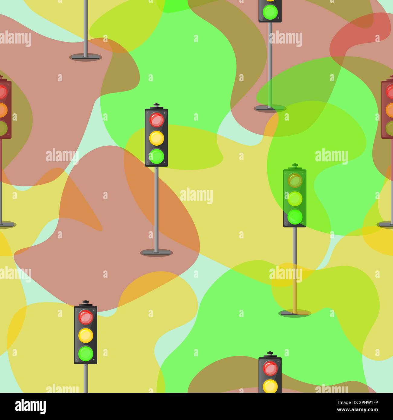 Seamless pattern of Traffic Lights on colorful spots. Colorful vector