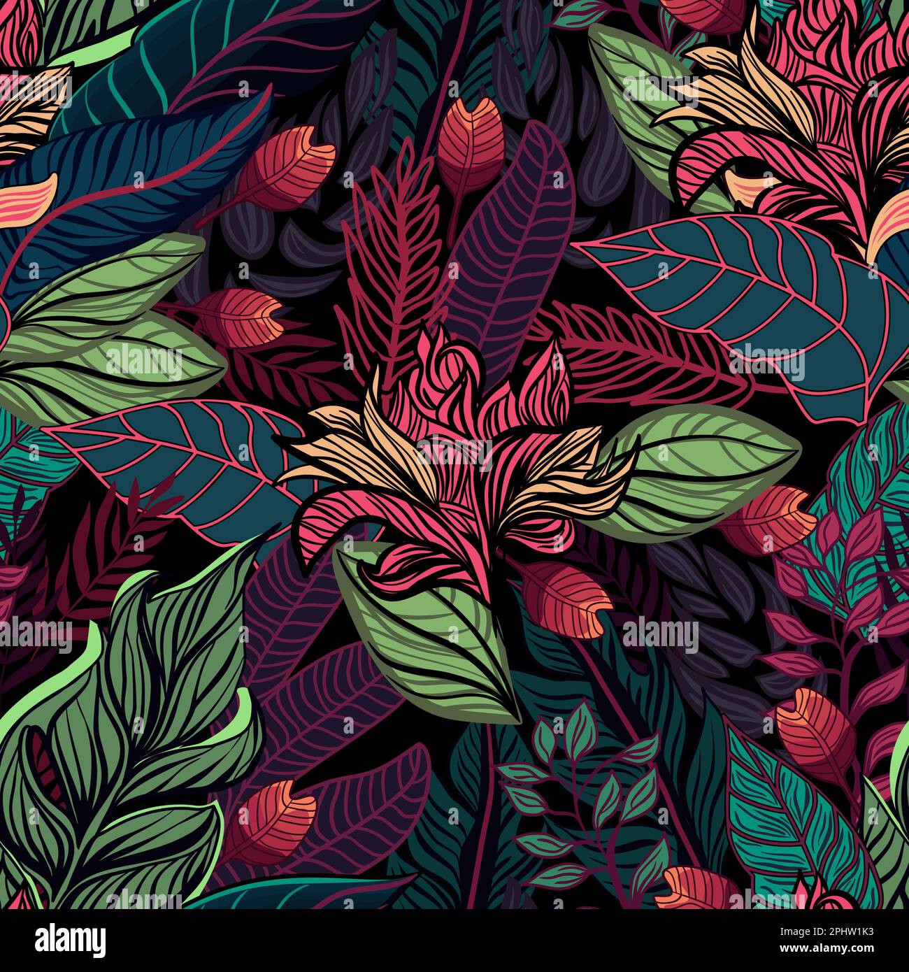 Seamless tropical pattern with rainforest plants and flowers vector illustration in vintage style Stock Vector