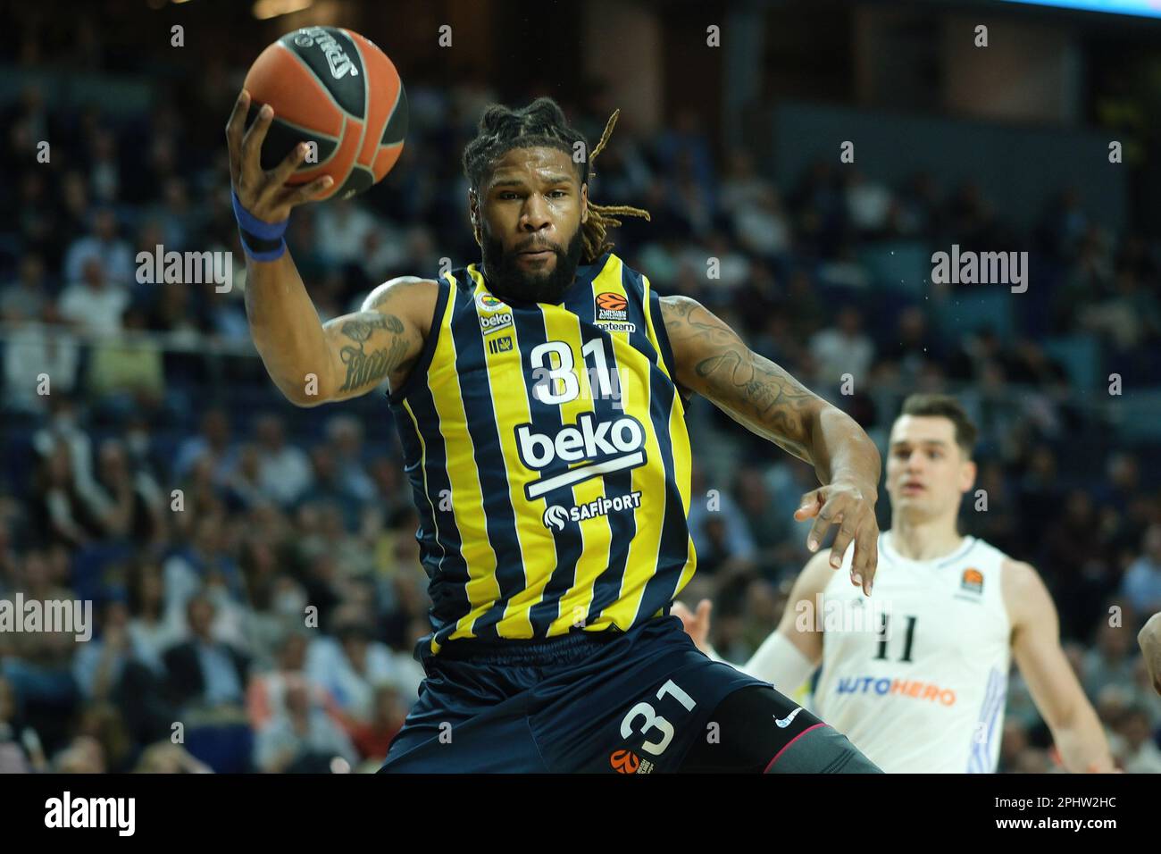 Madrid, Spain. 29th Mar, 2023. Devin Booker of Fenerbahce in action during the Turkish Airlines EuroLeague basketball match between Real Madrid and Fenerbahce at Wizink Center
