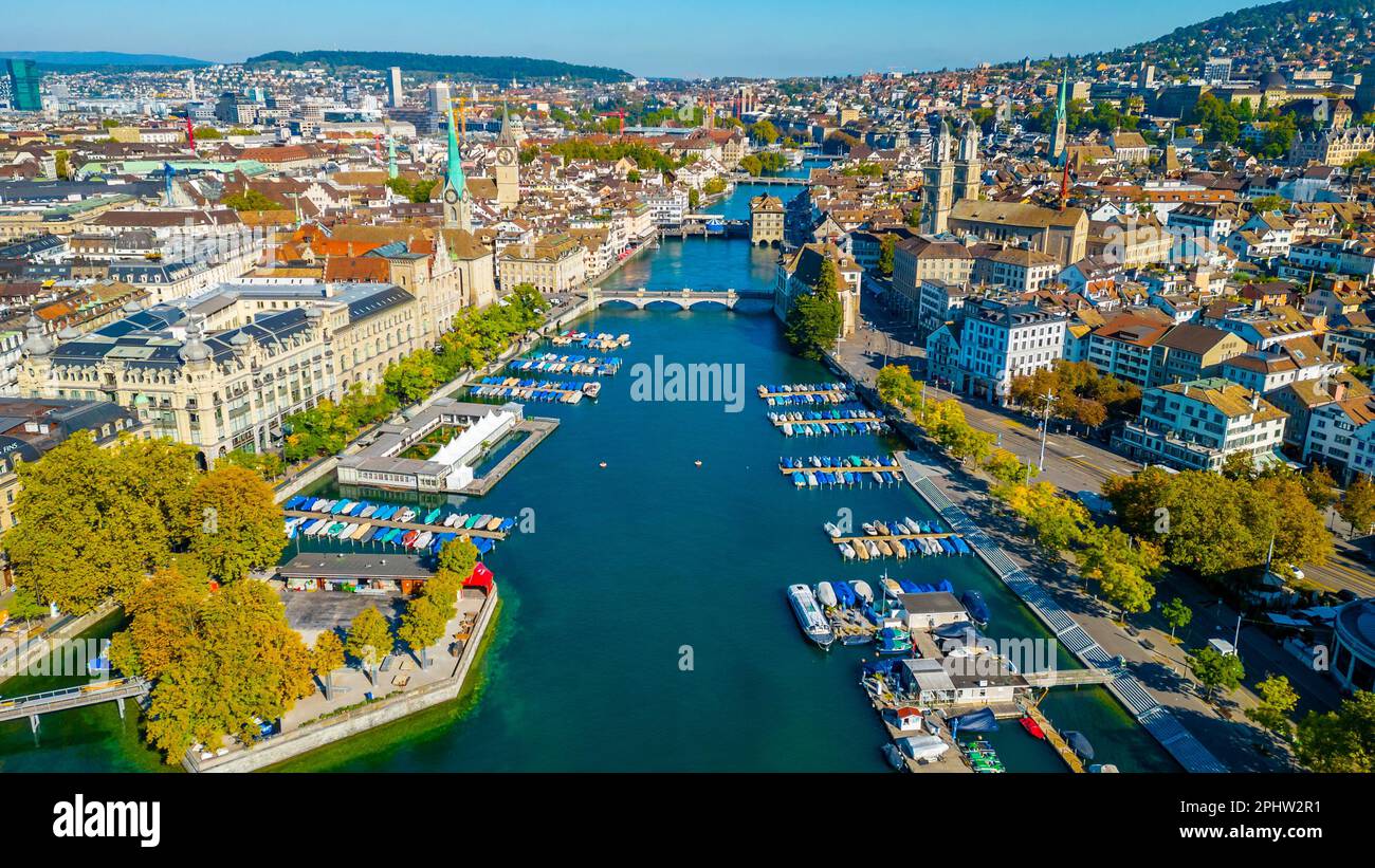 Aerial view of riverside of Swiss river Limmat in Zuerich Stock Photo ...