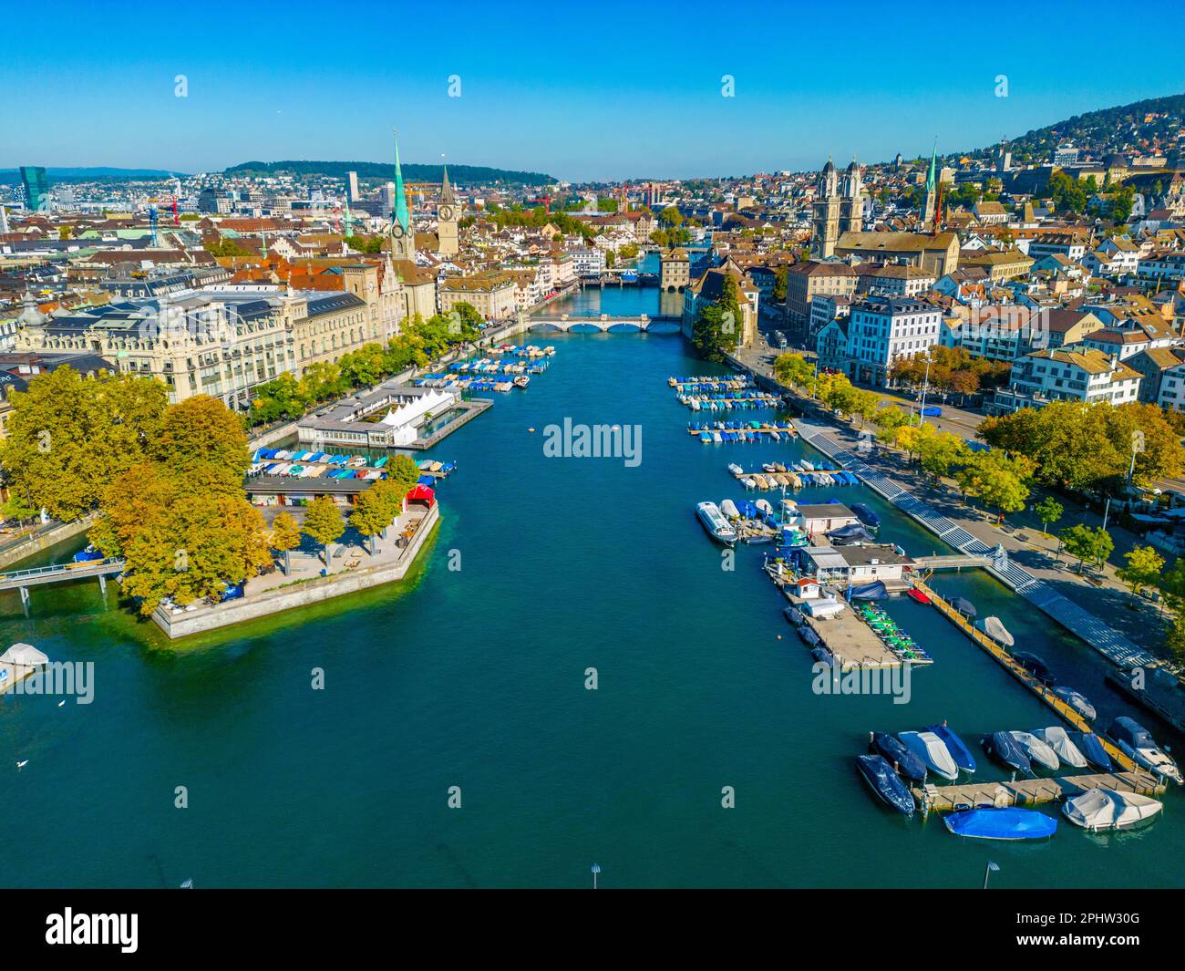 Aerial view of riverside of Swiss river Limmat in Zuerich Stock Photo ...