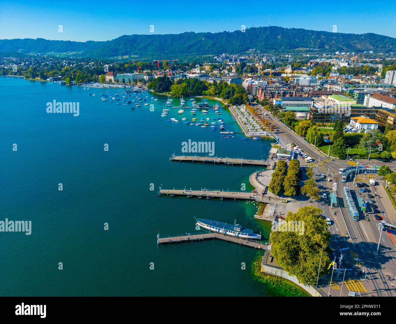 Aerial view of lakeside promenade of the Zuerich lake in switzerland ...