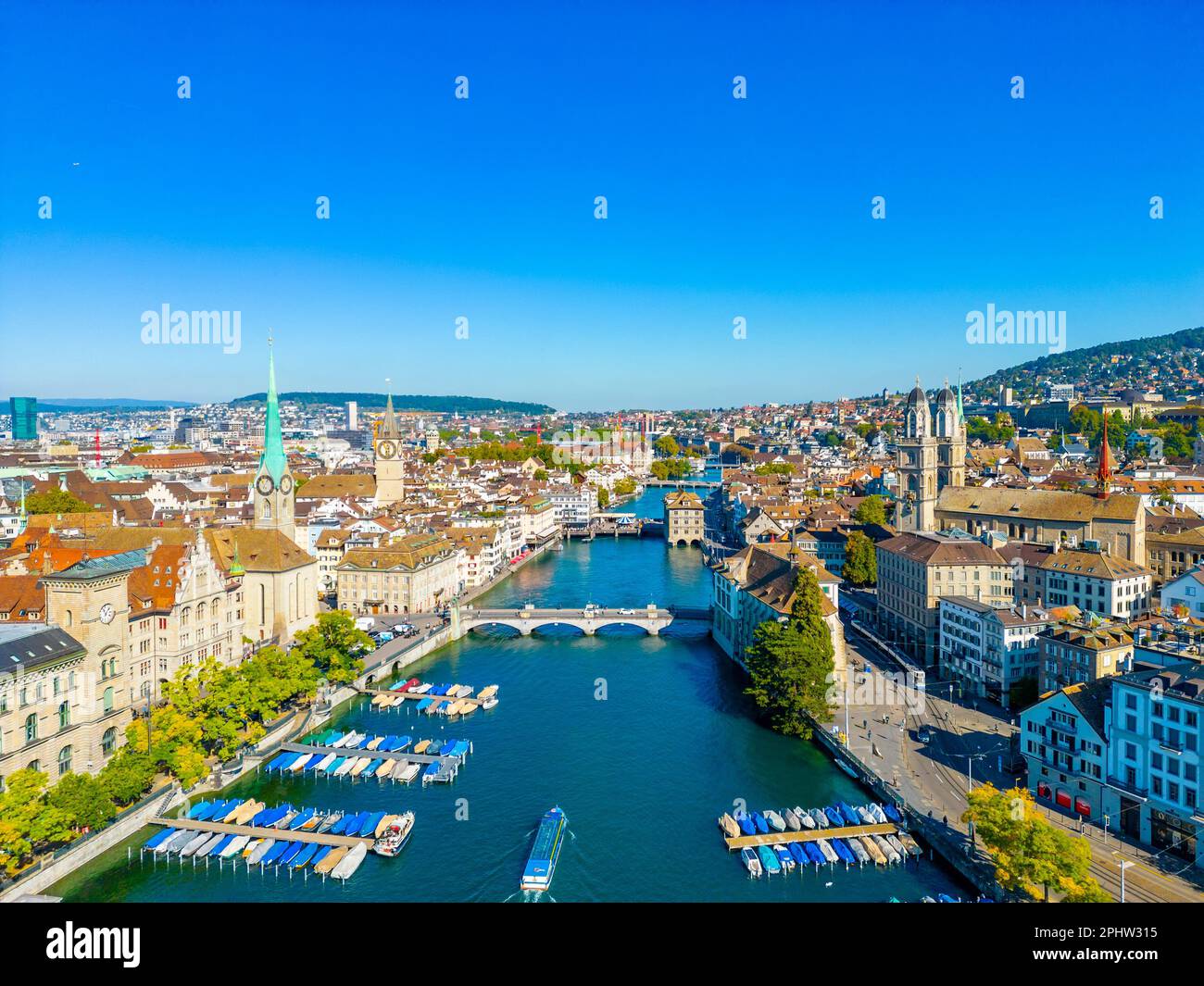 Aerial view of riverside of Swiss river Limmat in Zuerich Stock Photo ...