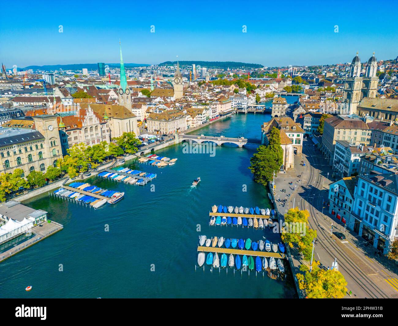Aerial view of riverside of Swiss river Limmat in Zuerich Stock Photo ...
