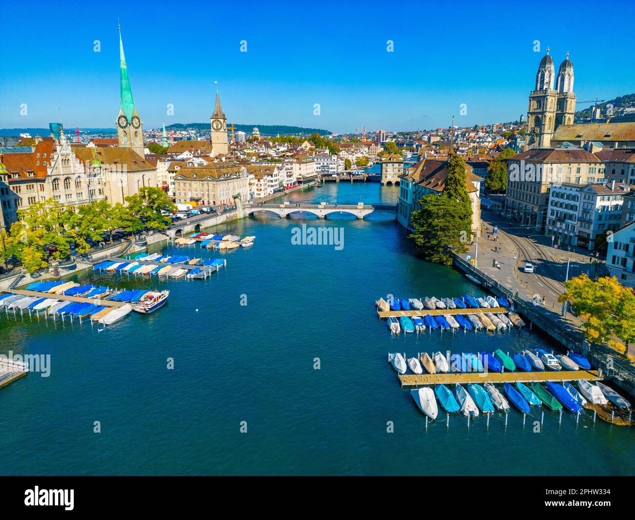 Aerial view of riverside of Swiss river Limmat in Zuerich Stock Photo ...
