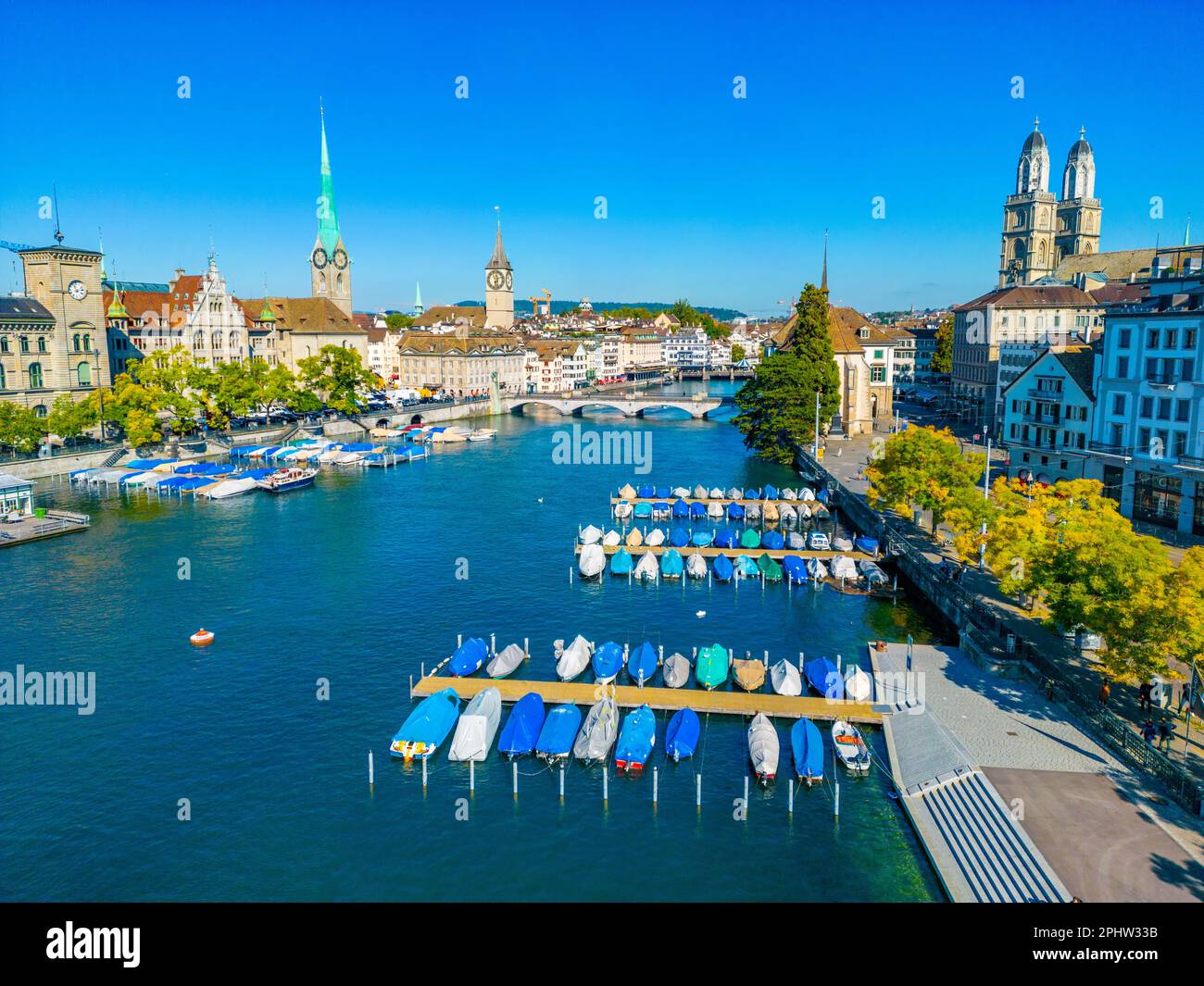Aerial view of riverside of Swiss river Limmat in Zuerich Stock Photo ...